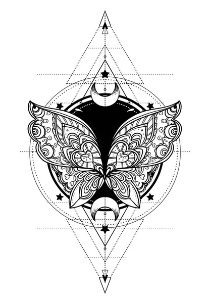 Black White Butterfly Sacred Geometry Sign Isolated Vector Illustration Tattoo — Stock Vector