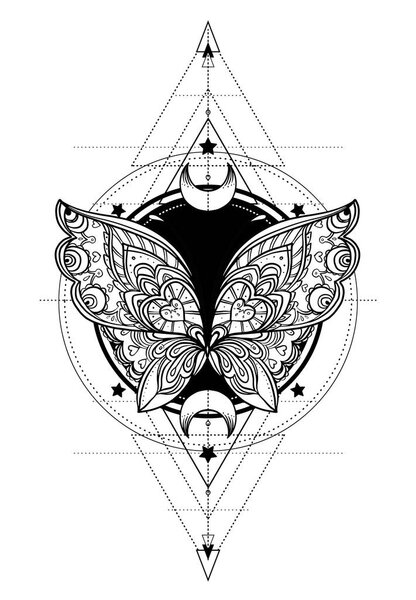 Black and white butterfly over sacred geometry sign, isolated vector illustration. Tattoo sketch. Mystical symbols and insects. Alchemy, occultism, spirituality, coloring book. Hand-drawn vintage.