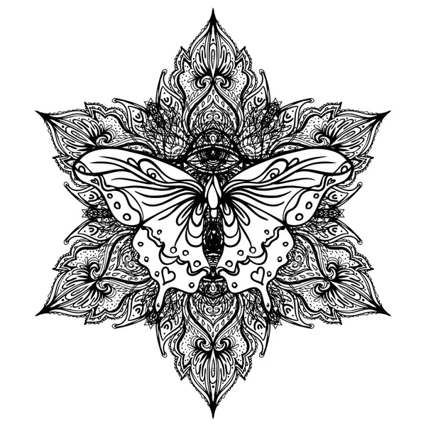 Zwart Wit Vlinder Heilige Geometrie Teken Geïsoleerde Vectorillustratie Tattoo Schets — Stockvector