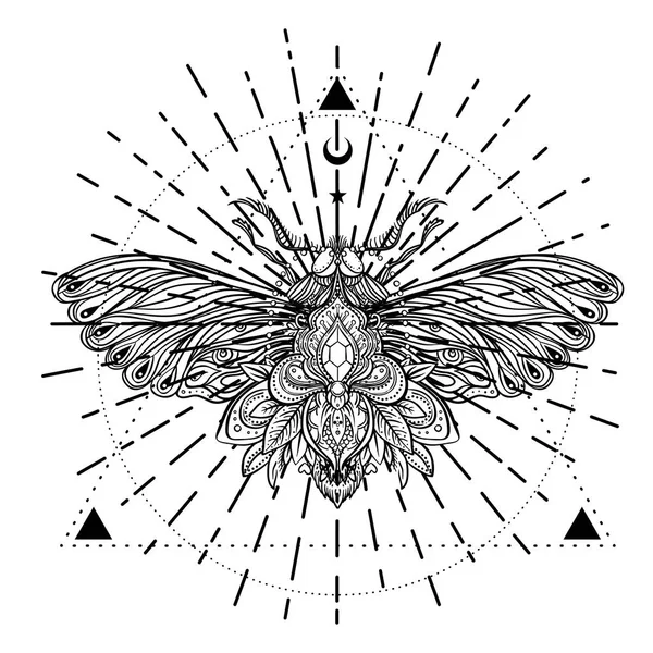 黑色和白色的蝴蝶在神圣的几何符号 孤立的矢量插图 纹身素描 神秘的符号和昆虫 炼金术 神秘主义 着色书 手工绘制的葡萄酒 — 图库矢量图片