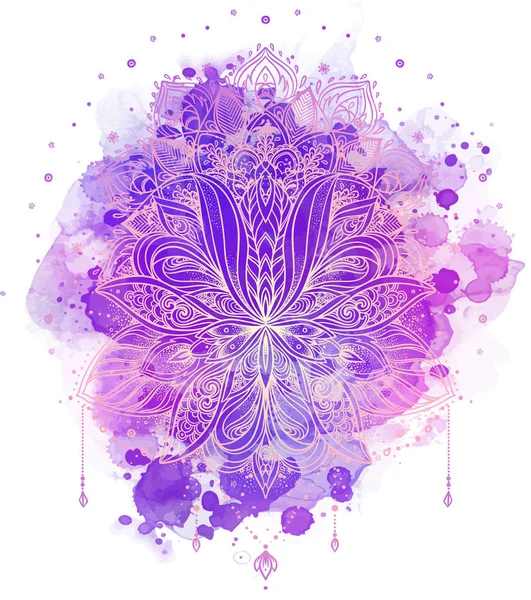 Lotus Inspireerde Ornate Samenstelling Kleurrijke Aquarel Achtergrond Hand Getekende Vintage — Stockvector