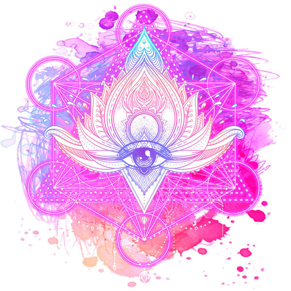 Lotus inspired ornate composition over colorful watercolor background. Hand drawn vintage style design element. Alchemy, spirituality, occultism, textiles art. Vector illustration for t-shirt print