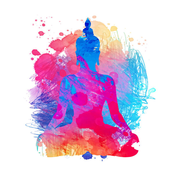 Buddha over watercolor background. Vector illustration. Vintage decorative composition. Indian, Buddhism, Spiritual motifs. Tattoo, yoga, spirituality