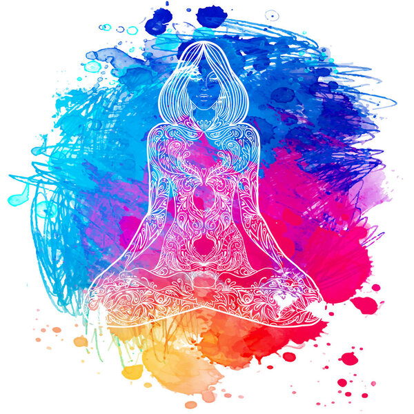 Woman ornate silhouette sitting in lotus pose. Meditation concept. Vector illustration. Over colorful watercolor background