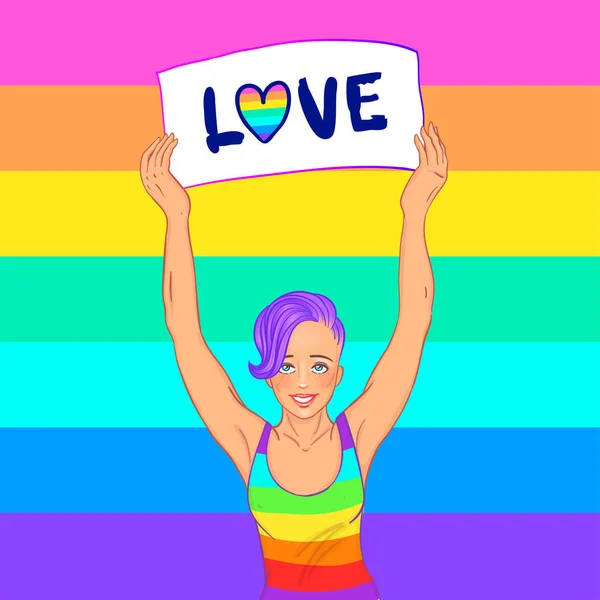 爱游行 年轻的女性人物持有旗帜 彩虹色的旗帜 女同性恋女孩 Lgbt 社区概念 同性恋女人矢量插图被隔离 别针和贴纸的设计 — 图库矢量图片