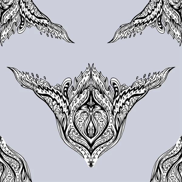 Vector Negro Blanco Ornamental Lotus Bohemian Paisley Floral Adorno Sin — Vector de stock