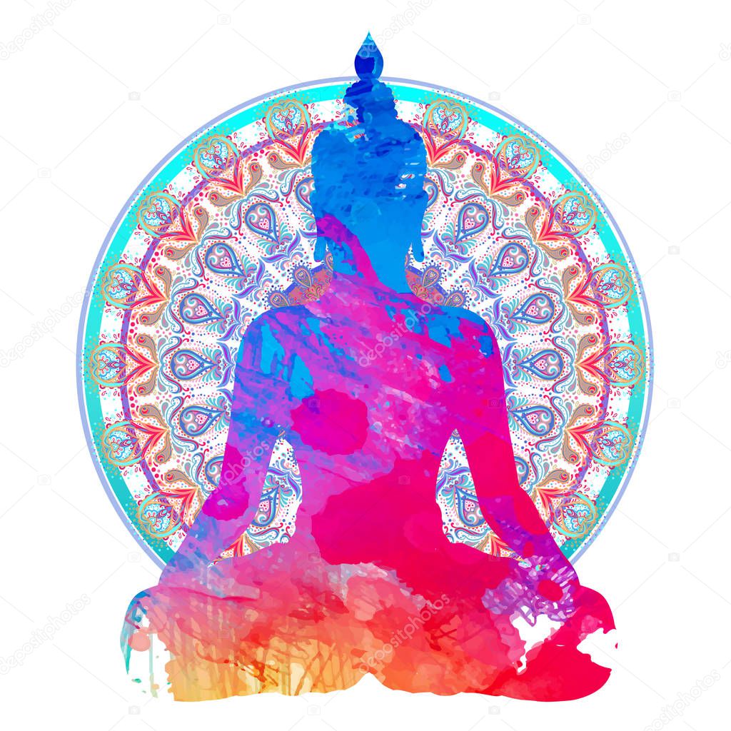 Chakra concept. Inner love, light and peace.  Buddha silhouette in lotus position over colorful ornate mandala. Vector illustration isolated. Buddhism esoteric motifs. Tattoo, spiritual yoga.