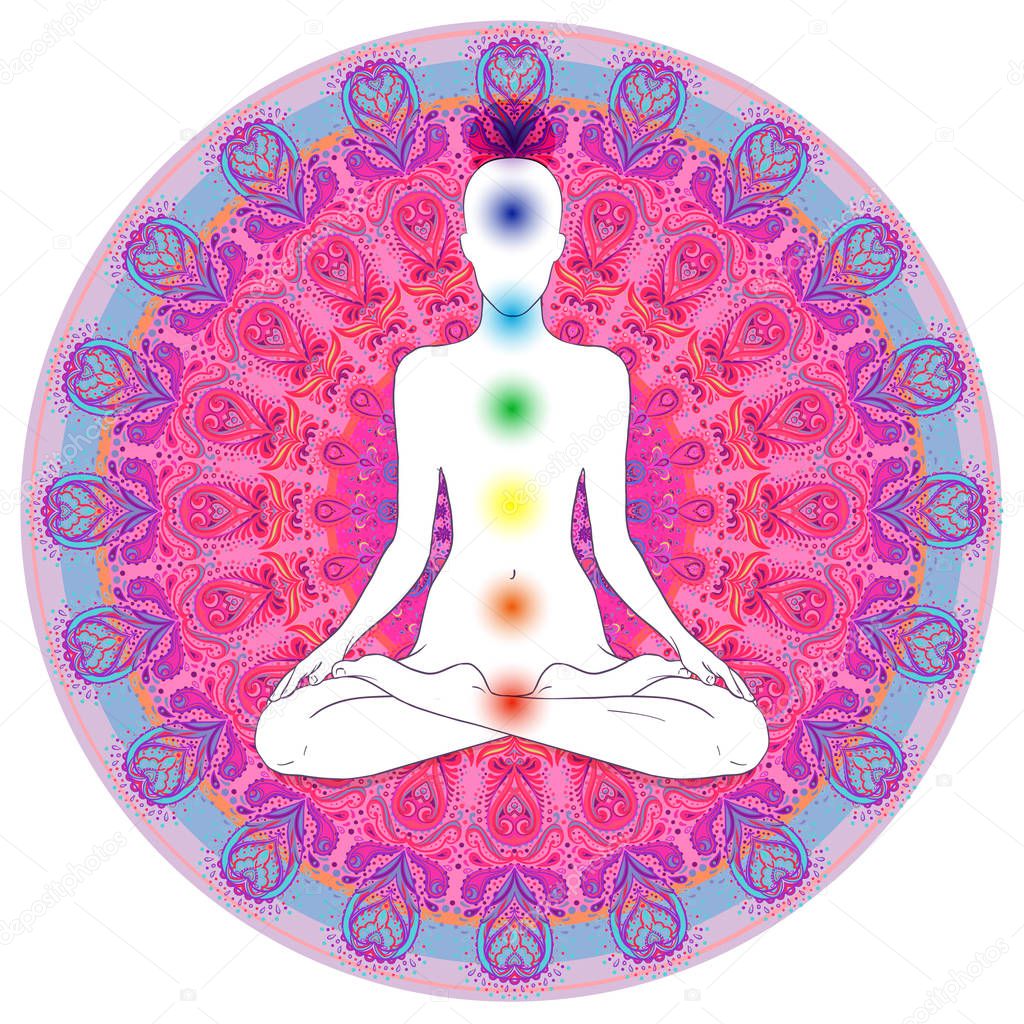 Chakra concept. Inner love, light and peace.  Buddha silhouette in lotus position over colorful ornate mandala. Vector illustration isolated. Buddhism esoteric motifs. Tattoo, spiritual yoga.