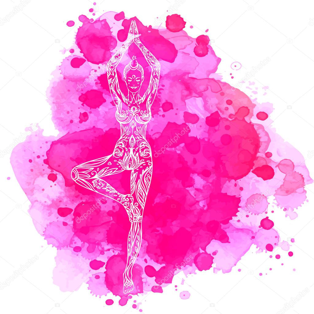 Woman ornate silhouette sitting in lotus pose. Meditation concept. Vector illustration. Over colorful watercolor background