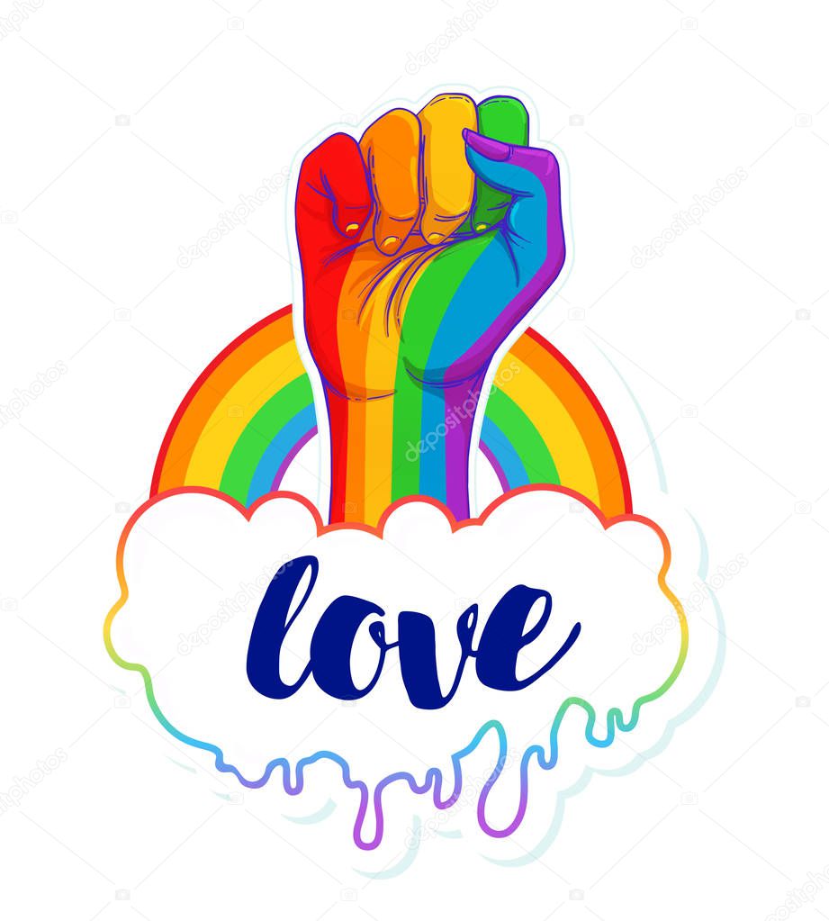 Rainbow colored hand with a fist raised up. Gay Pride. LGBT concept. Realistic style vector colorful illustration. Sticker, patch, t-shirt print, logo design.