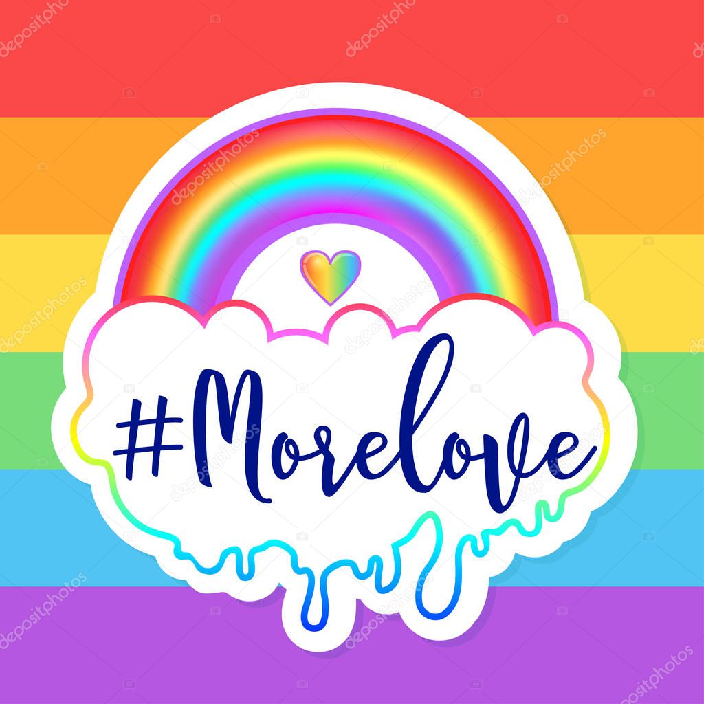 Equal love. Inspirational Gay Pride poster with rainbow and cloud. spectrum colors. Homosexuality emblem. LGBT rights concept. Sticker, patch, poster graphic design. Vector illustration.