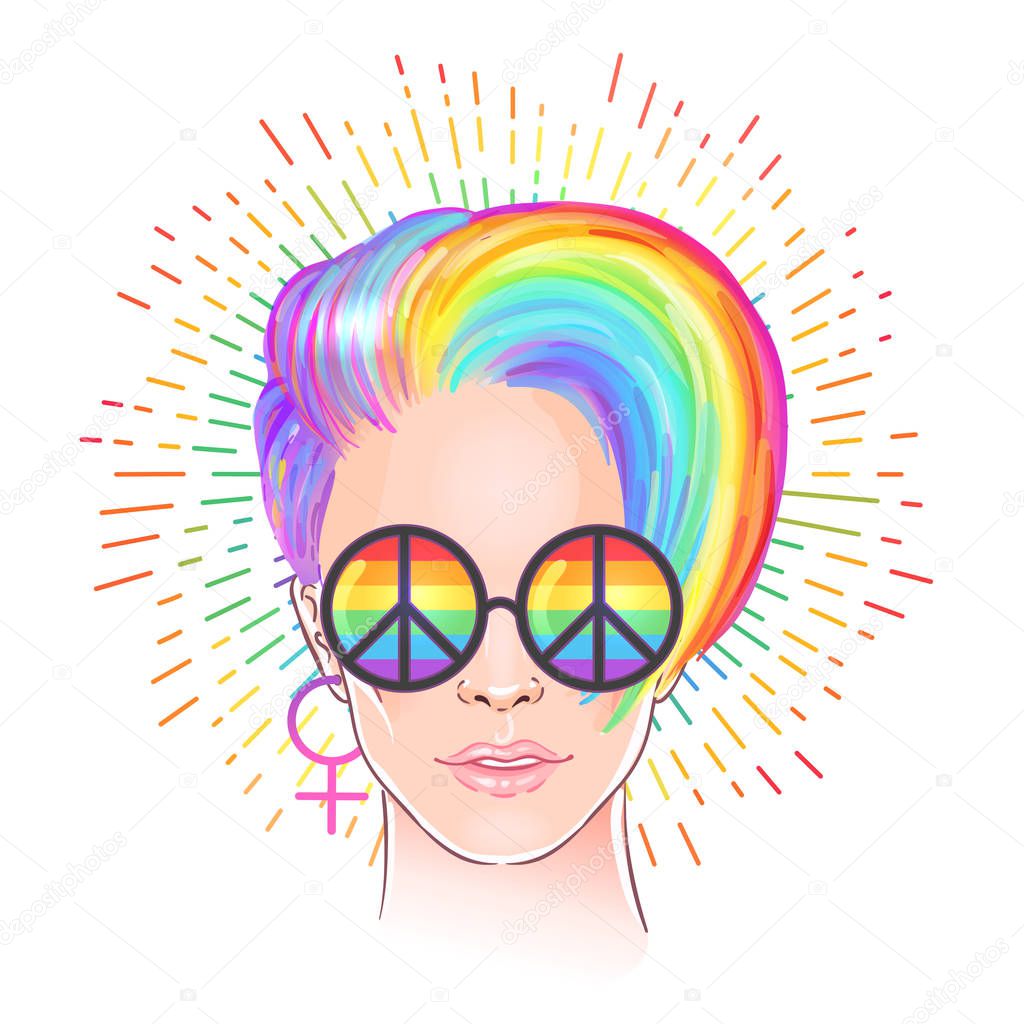 Portrait of a young pretty woman with short pixie haircut. Rainbow colored hair and sunglasses. LGBT concept. Vector illustration isolated on white. Hand drawn art of a modern girl.