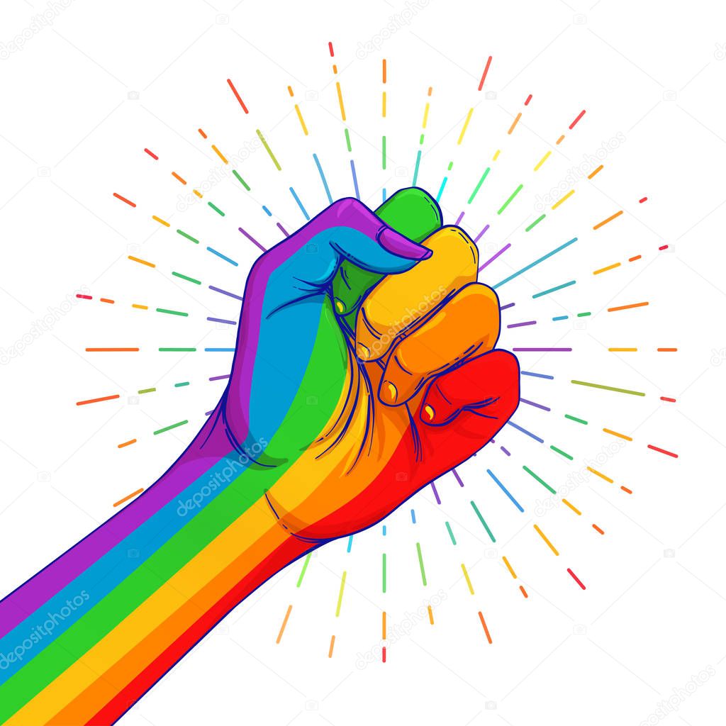 Rainbow colored hand with a fist raised up. Gay Pride. LGBT concept. Realistic style vector colorful illustration. Sticker, patch, t-shirt print, logo design.