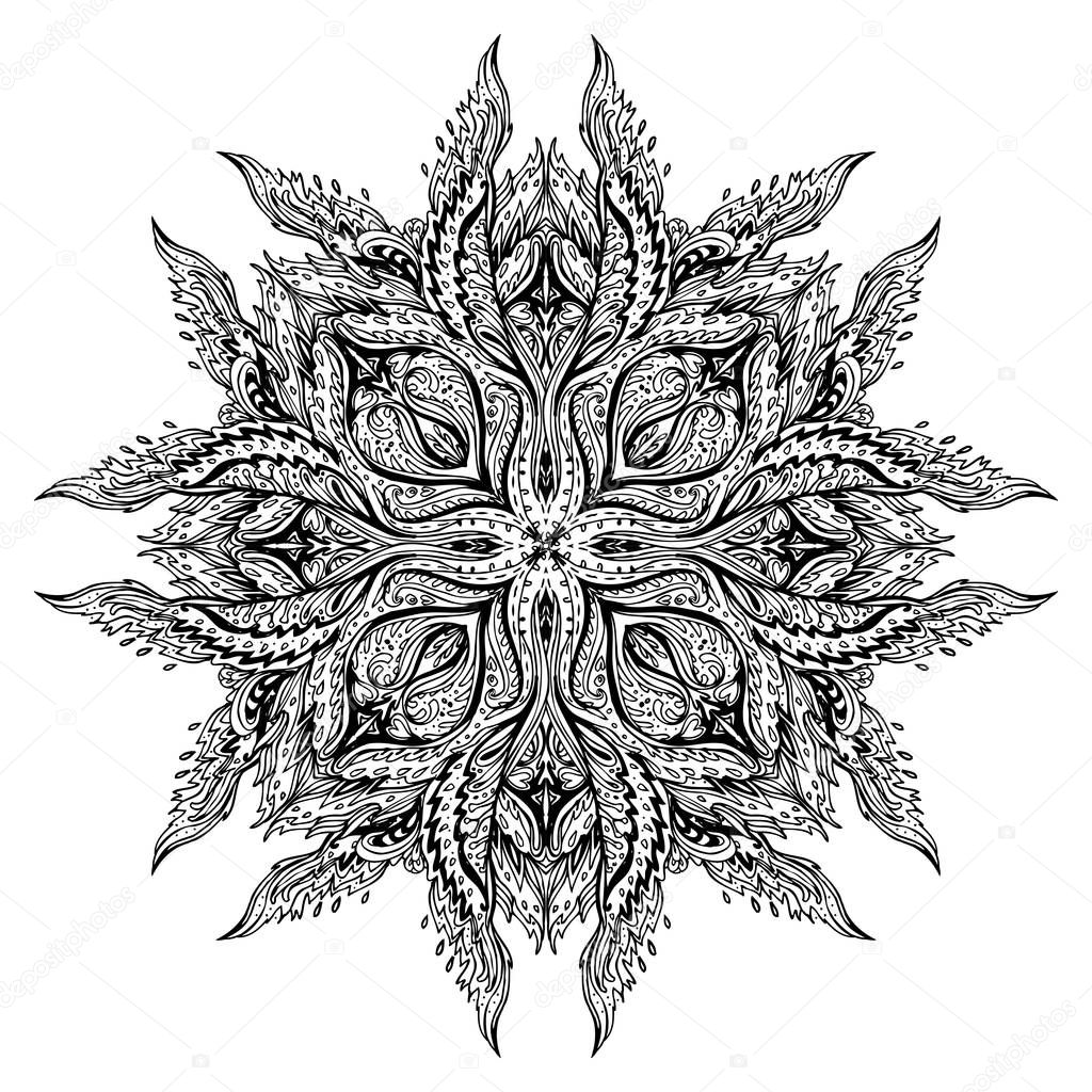 Vector black and white ornamental Lotus Bohemian floral paisley seamless ornament. Folk henna tattoo style pattern. Indian style. Vintage ornate vector wallpaper. Astrology, alchemy, spirit, magic.