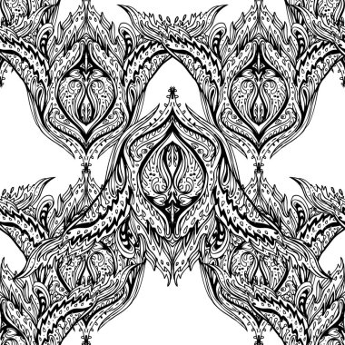 Vektör siyah ve beyaz süslemeli Lotus Bohem çiçekli desensiz süs. Halk kına dövme modeli. Hint tarzı. Klasik dekoratif vektör duvar kağıdı. Astroloji, simya, ruh, sihir.