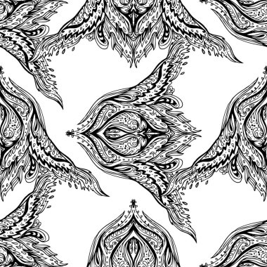 Vektör siyah ve beyaz süslemeli Lotus Bohem çiçekli desensiz süs. Halk kına dövme modeli. Hint tarzı. Klasik dekoratif vektör duvar kağıdı. Astroloji, simya, ruh, sihir.