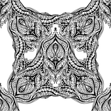 Vektör siyah ve beyaz süslemeli Lotus Bohem çiçekli desensiz süs. Halk kına dövme modeli. Hint tarzı. Klasik dekoratif vektör duvar kağıdı. Astroloji, simya, ruh, sihir.