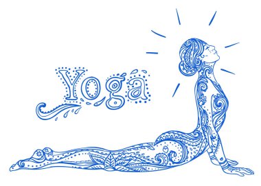 Genç güzel kız yoga yapıyor. Vintage dekoratif illüstrasyon. Elle çizilmiş arka plan. Mehenidi süslü dekoratif tarzı. Yoga studio kavramı, Hint, Hint motifleri.