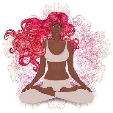 Lotus poz ile süslü mandala arka plan üzerinde oturan güzel Afrikalı-Amerikalı kız. Vektör çizim. Spa izin, yoga stüdyosu veya doğal tıp Kliniği.
