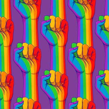 Çizgili el yumruğunu kaldırdı. Eşcinsel hakları kavramı. Gökkuşağı renklerinde gerçekçi stil vektör çizimi. LGBT logo simgeleri etiketler pürüzsüz desen. Renkli gurur tasarımı