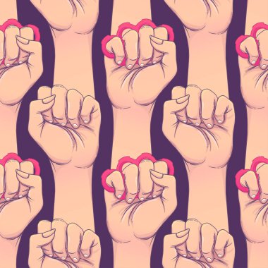 Muşta ile kadın eli. Yumruk kaldırdı. Kız gücü. Feminizm kavramı. Gerçekçi stil vektör çizim üzerinde beyaz izole pembe ve mor pastel goth renkler. Dikişsiz desen tasarım