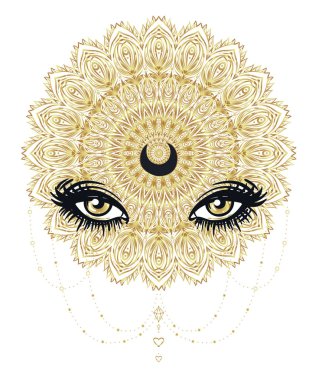 Vector ornamental Lotus flower, all-seeing eye, patterned Indian paisley. Hand drawn illustration in gold. Invitation element. Tattoo, astrology, alchemy, boho and magic symbol. clipart