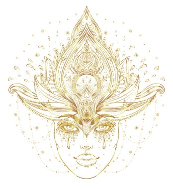 Tribal Fusion Boho Diva altın. Güzel Asyalı ilahi kız, süslü taç, kokoshnik esinlenerek. Bohem tanrıça. Elle çizilmiş zarif illüstrasyon. Lotus çiçeği, etnik sanat, Hint paisley desenli