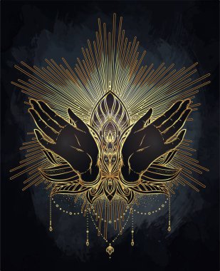 Süs Lotus çiçek ve dua eller, desenli Hint desenli vektör. Altın çizimde Inticate. Davet öğesi. Dövme, Astroloji, simya, boho ve büyü sembolü. 