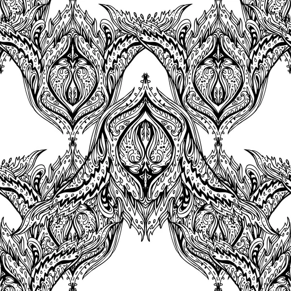 Vektör siyah ve beyaz süslemeli Lotus Bohem çiçekli desensiz süs. Halk kına dövme modeli. Hint tarzı. Klasik dekoratif vektör duvar kağıdı. Astroloji, simya, ruh, sihir.