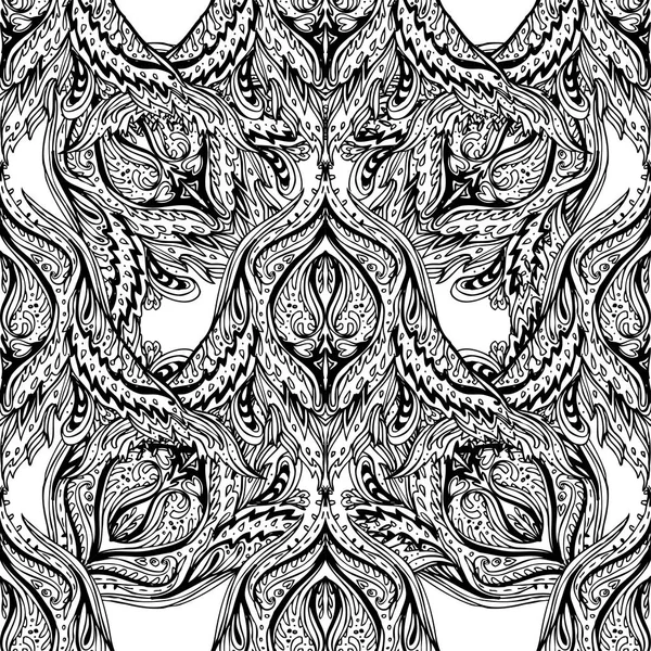 ベクトル黒と白の装飾蓮ボヘミアの花のペイズリーシームレスな装飾 民俗ヘナタトゥースタイルのパターン インド式 ヴィンテージ華やかなベクトル壁紙 占星術錬金術精神魔法 — ストックベクタ