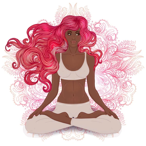 Mooie African American Meisje Zit Lotus Pose Met Sierlijke Mandala — Stockvector