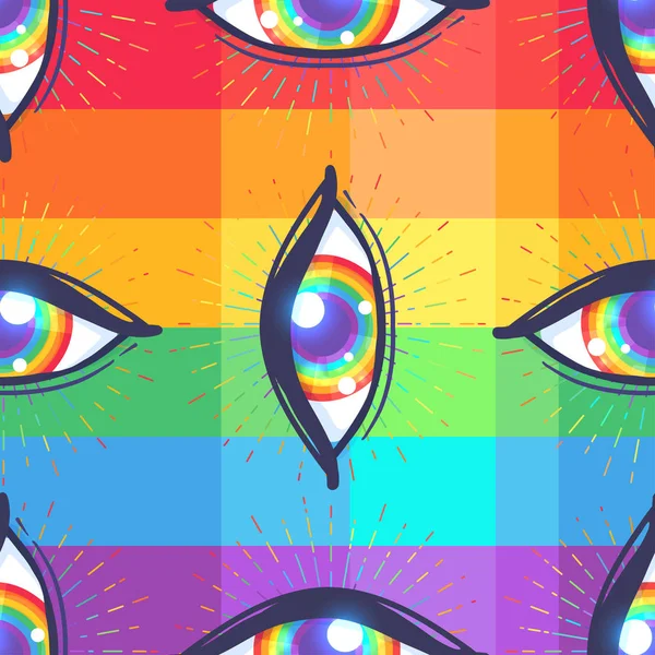 Seamless Pattern Rainbow Colored Eyes Flag Lgbt Community Eyeball Vector — Stock Vector