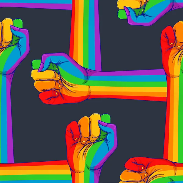 拳を示す手を上げました ゲイの権利の概念 虹色のリアルなスタイルのベクトルイラスト Lgbtのロゴはシームレスなパターンを示す カラフルなプライドデザイン — ストックベクタ