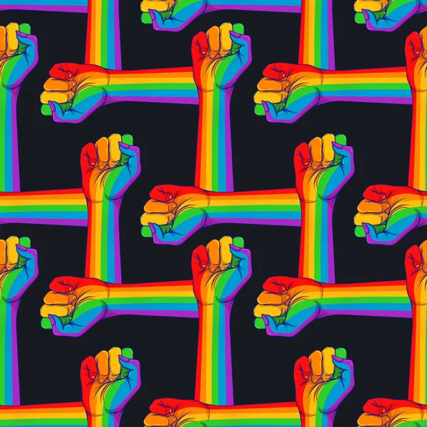 Gestreifte Hand Mit Erhobener Faust Schwulenrechte Realistische Vektor Illustration Regenbogenfarben — Stockvektor