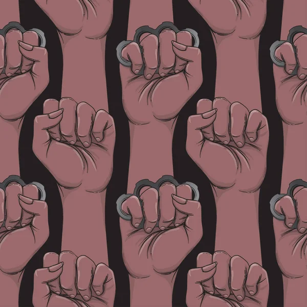 非洲妇女的手与黄铜关节 拳头举起 黑人女孩的力量 女权主义的概念 现实风格的矢量插图 在黑色的棕色颜色隔离 无缝图案设计 — 图库矢量图片