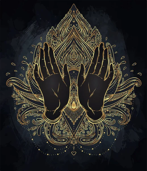 ベクター装飾ロータスの花と祈り手ゴールドのペイズリー模様のインド Inticate 招待状の要素 タトゥー 占星術 錬金術 自由奔放に生きる 魔法のシンボル — ストックベクタ