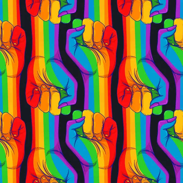 Çizgili Yumruğunu Kaldırdı Eşcinsel Hakları Kavramı Gökkuşağı Renklerinde Gerçekçi Stil — Stok Vektör