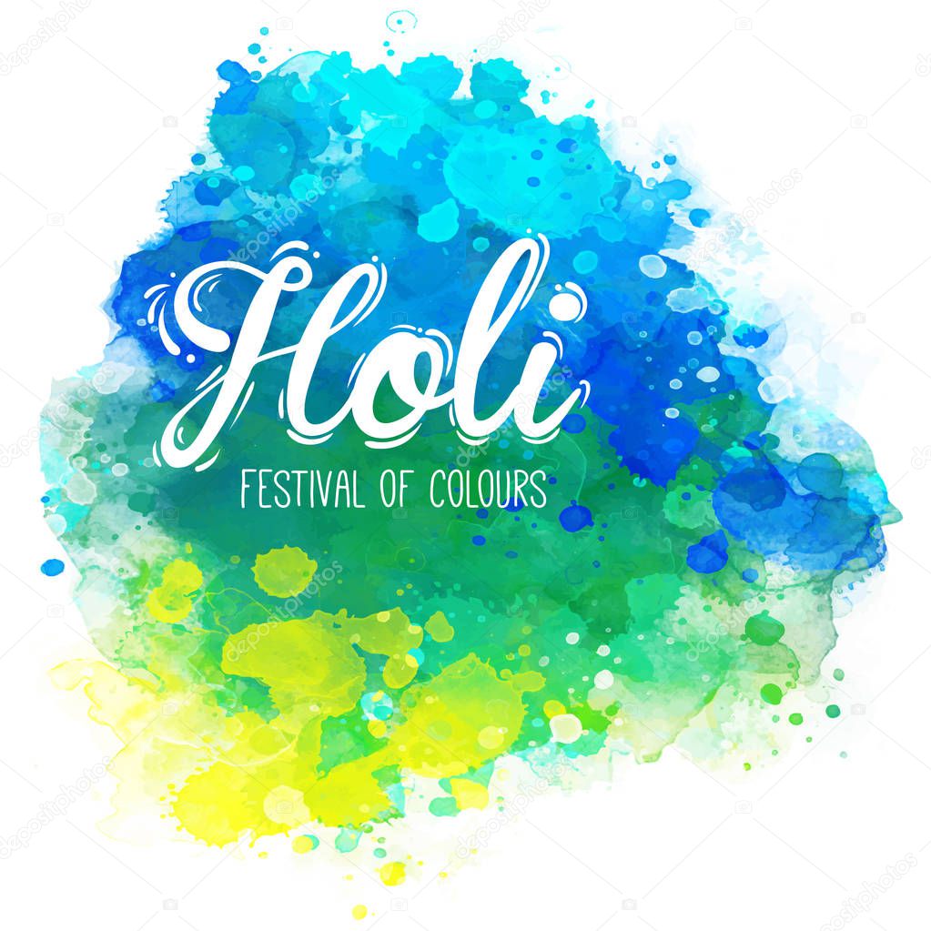 Indian traditional festival of colors Holi and Dolyatra background. Colorful decorative watercolor illustration. Invitation card in vector.
