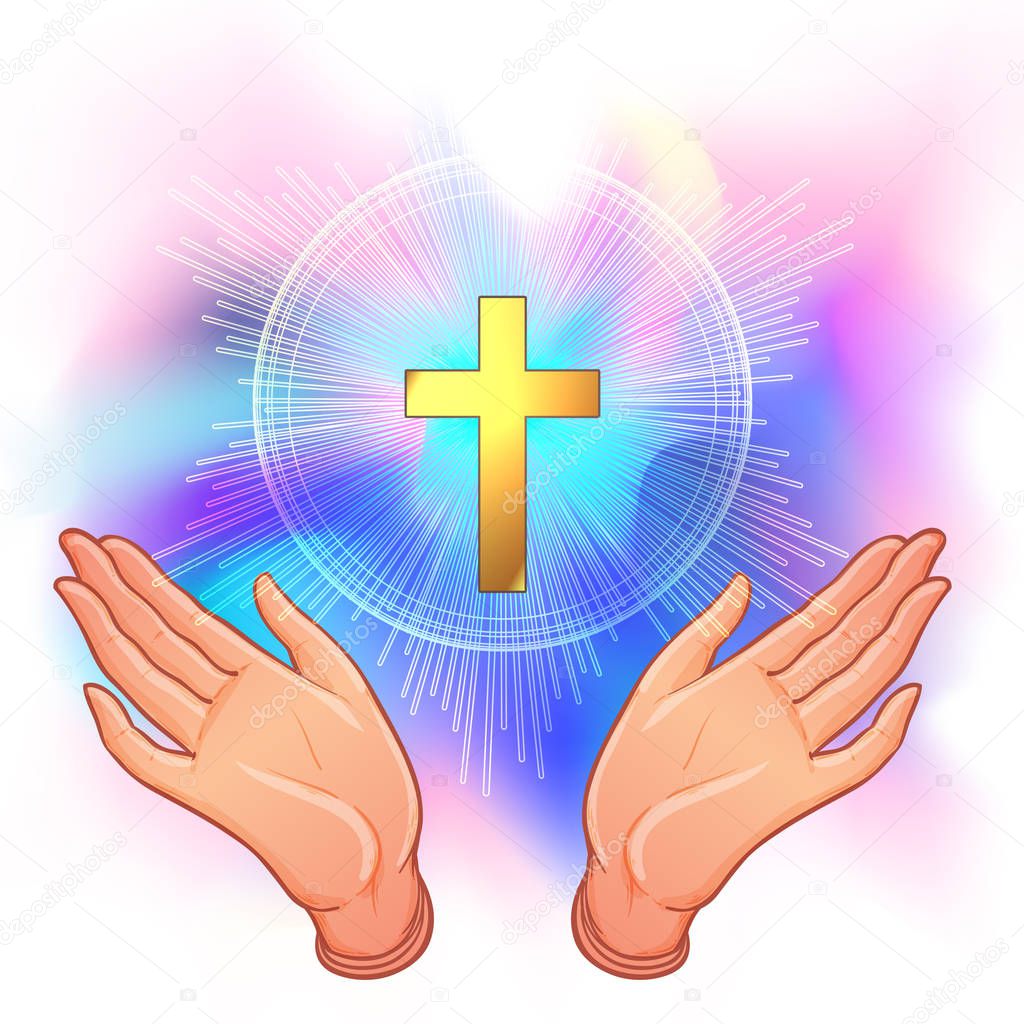 Holy Cross. Open human hands showing a main symbol of Christianity. Praying or worshiping. Vector illustration of a devotion faithful christian worshiping Son of Lord (Jesus Christ). Church logo art.