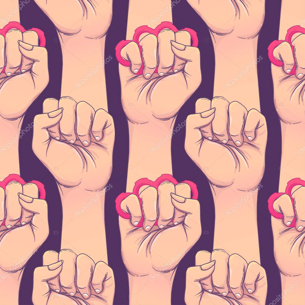 Woman's hand with brass knuckles. Fist raised up. Girl Power. Feminism concept. Realistic style vector illustration in pink and purple pastel goth colors isolated on white. Seamless pattern design