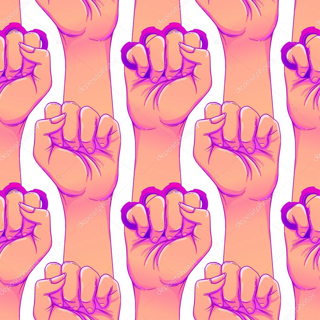 Woman's hand with brass knuckles. Fist raised up. Girl Power. Feminism concept. Realistic style vector illustration in pink and purple pastel goth colors isolated on white. Seamless pattern design