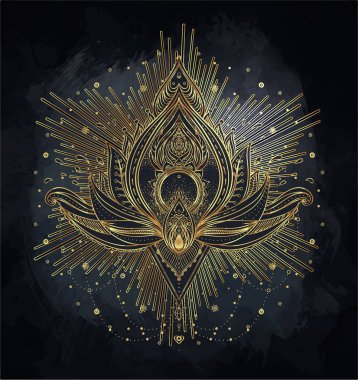 Vektör süslemeli nilüfer çiçeği, etnik sanat, desenli Hint desenli şal deseni. El çizimi çizimi. Davetiye elemanı. Dövme, astroloji, simya, boho ve sihirli sembol