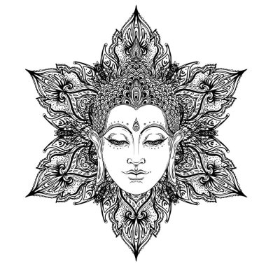 Buda 'nın yüzü mandala şeklinin üzerinde. Esrarengiz klasik vektör çizimi. Hint, Budizm, ruhani sanat. Hippi dövmesi, ruhanilik, Tayland tanrısı, yetişkinler için yoga zen boyama kitabı sayfaları.