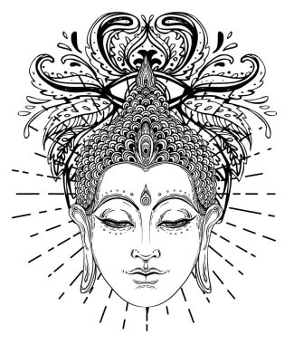 Buda 'nın yüzü mandala şeklinin üzerinde. Esrarengiz klasik vektör çizimi. Hint, Budizm, ruhani sanat. Hippi dövmesi, ruhanilik, Tayland tanrısı, yetişkinler için yoga zen boyama kitabı sayfaları.