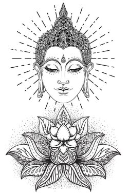 Buda 'nın yüzü mandala şeklinin üzerinde. Esrarengiz klasik vektör çizimi. Hint, Budizm, ruhani sanat. Hippi dövmesi, ruhanilik, Tayland tanrısı, yetişkinler için yoga zen boyama kitabı sayfaları.