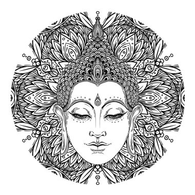 Buda 'nın yüzü mandala şeklinin üzerinde. Esrarengiz klasik vektör çizimi. Hint, Budizm, ruhani sanat. Hippi dövmesi, ruhanilik, Tayland tanrısı, yetişkinler için yoga zen boyama kitabı sayfaları.