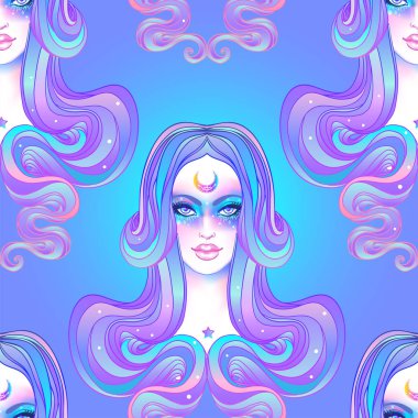 Galaxy ile sevimli kız makyaj, boyalı mor saç ve yıldızlar, takımyıldızları. Seamless modeli. Art nouveau ilham. Yenilikçi, pastel goth, canlı renkler. Vektör zodyak çizim.