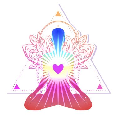 Çakra kavramı. İç aşk, ışık ve barış. Buda siluet renkli süslü mandala üzerinde lotus pozisyonda. Vektör illüstrasyon izole. Budizm ezoterik motifler. Dövme, manevi yoga.