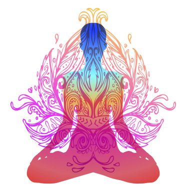 Çakra kavramı. İç aşk, ışık ve barış. Buda siluet renkli süslü mandala üzerinde lotus pozisyonda. Vektör illüstrasyon izole. Budizm ezoterik motifler. Dövme, manevi yoga.