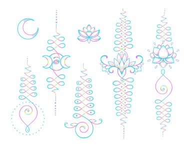 Lotus ve kutsal geometri. Bilgelik ve mükemmellik yolunu Unamole hindu sembolü. Dövme et, yoga logo, Budizm tasarım kümesi. Boho baskı, poster, tişört Tekstil. İzole vektör çizim set